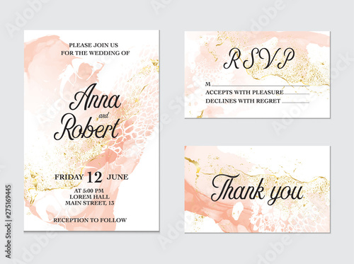 Trendy greeting card set with watercolor liquid flow. Tender ink art with gold glitter splashes. Beauty salon card, wedding invitation, vector.