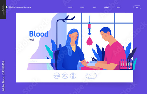 Medical tests Blue template - blood test - modern flat vector concept digital illustration of blood test procedure - patient and doctor with syringe and test tubes, medical office or laboratory