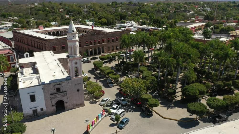 Aerial Drone View of the central square, church and town hall of El Fuerte town, Sinaloa, Mexico Aerial Drone View of the central square, church and town hall of El Fuerte town, Sinaloa, Mexico