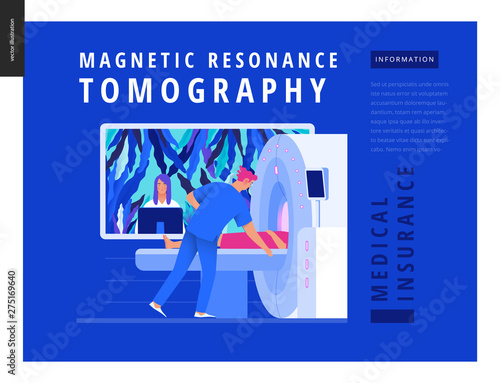 Medical tests Blue template - MRT - magnetic resonance tomography - modern flat vector concept digital illustration of MRI procedure - a patient in the scanner and doctor, medical office or laboratory