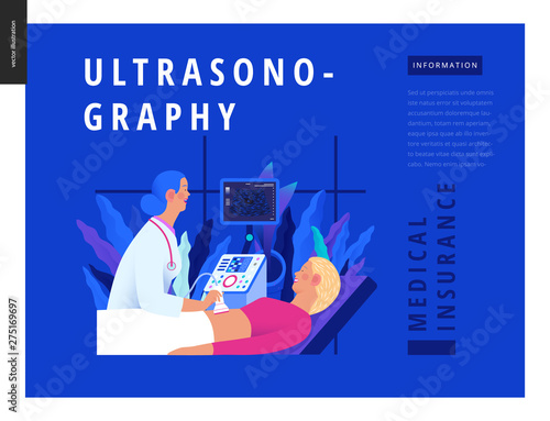 Medical tests Blue template -ultrasound - modern flat vector concept digital illustration of ultrasonography procedure -doctor examing patient pregnant woman with scanner, medical office or laboratory