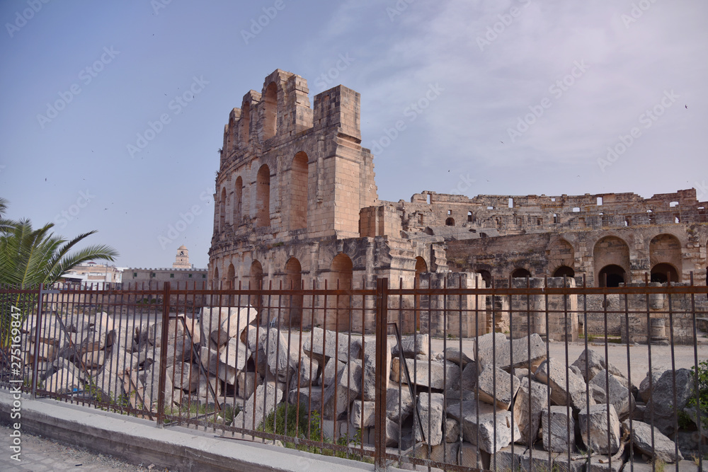 The ruins of ancient roman amphitheater in El-Jem. The largest colosseum in North Africa. Mahdia governorate, Tunisia. The ruins of ancient roman amphitheater in El-Jem. The largest colosseum in North Africa. Mahdia governorate, Tunisia.