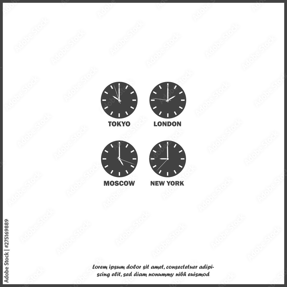 Set of clocks showing the time difference in different time zones. Timezone clock and international time. Vector white icon on white isolated background. Set of clocks showing the time difference in different time zones. Timezone clock and international time. Vector white icon on white isolated background.