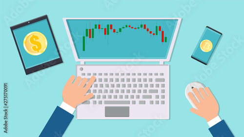 Vector man businessman working on the stock market with bitcoin financial charts on the workplace desk with modern digital computer laptop, tablet and smartphone top view, flat lay