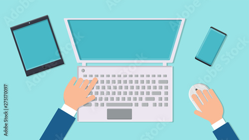 Vector illustration workplace desk of a man businessman with modern digital computer laptop with mouse and keyboard, tablet and smartphone on a blue background top view, flat lay