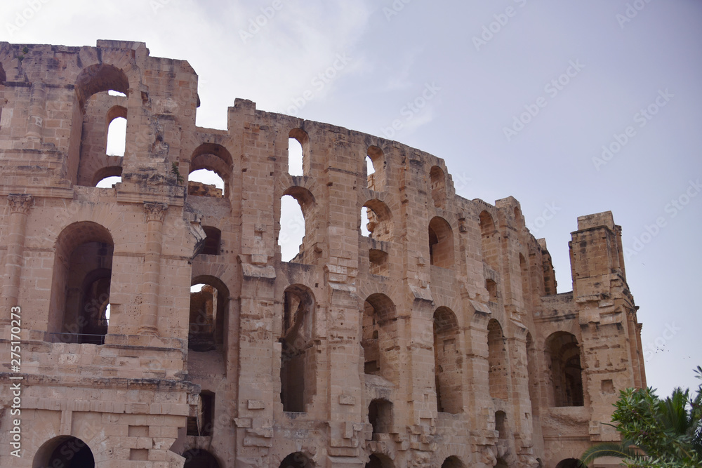 The ruins of ancient roman amphitheater in El-Jem. The largest colosseum in North Africa. Mahdia governorate, Tunisia.