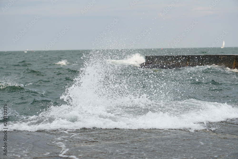 storm, big waves on the coast, splashes of salt water