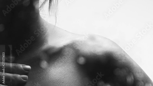 Male hand gentle touchs woman skin, concept of foreplay