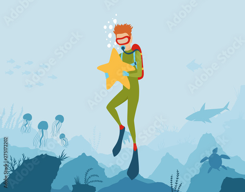 Vector cartoon style underwater background with sea flora and fauna. Coral reef, sea plants and fishes silhouettes. Scuba Diver explores the bottom of the sea. Diving club banner.