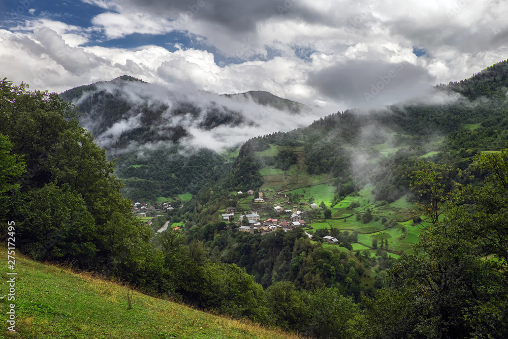Green mountains of Svaneti region in Georgia country with villages Zegani and Bogreshi