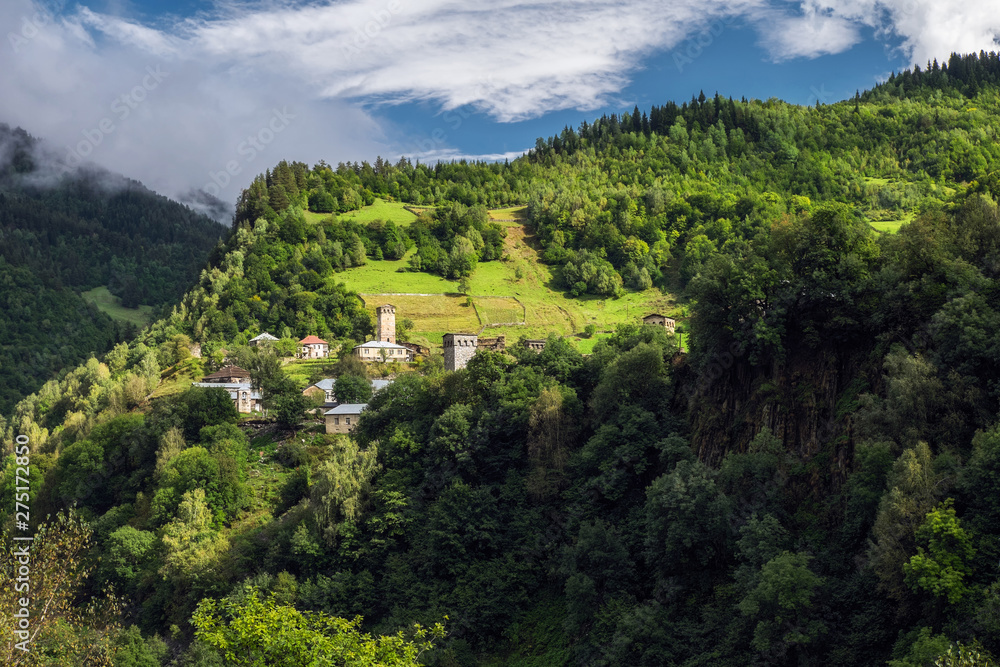 Obraz premium Green mountains of Svaneti region in Georgia country with villages Zegani