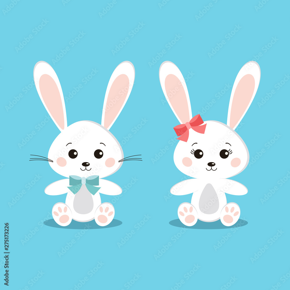 Set of sweet and cute white bunny rabbits boy and girl in sitting pose isolated icon on blue background in cartoon flat style. Vector clip art character children illustration. Set of sweet and cute white bunny rabbits boy and girl in sitting pose isolated icon on blue background in cartoon flat style. Vector clip art character children illustration.