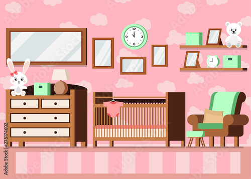 Cozy girl s baby room interior pink color background with cot  lamp  shelves  toys  posters  bodysuit  carpet  alarm clock  chest of drawers in cartoon flat style. Vector interior scene illustration.
