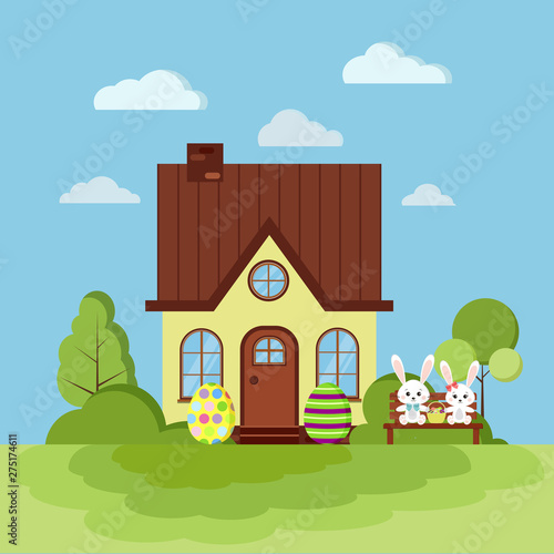 Summer or spring easter landscape nature scene with rural house with chimney, green trees, grass, clouds, easter eggs, bunny with basket on bench in cartoon flat style. Vector background illustration.