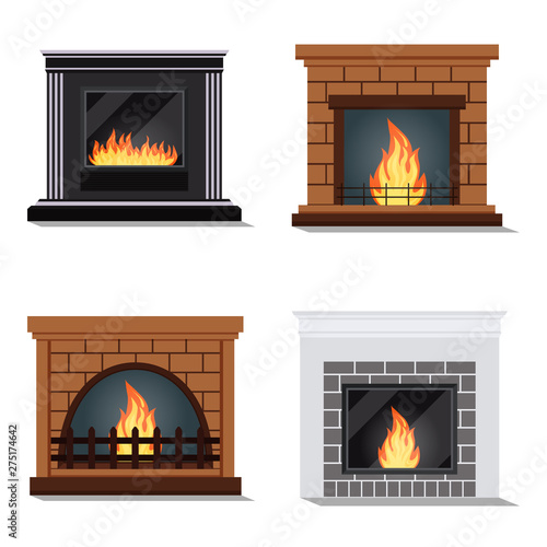 Vector set of isolated icons of cozy fireburning fireplace on white background with fire furnace. Heating system. Element of winter interior scene. Illustration in a cartoon flat style.