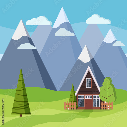 Spring or summer mountain landscape with wood country rural a-frame house, green tree, spruces, fields, clouds, mountains, road, wooden fences in cartoon flat style. Vector background illustration.