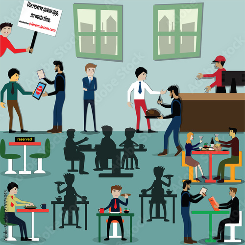 Cartoon concept,Modern people used application for reserve table and foods  in busy restaurant - vector