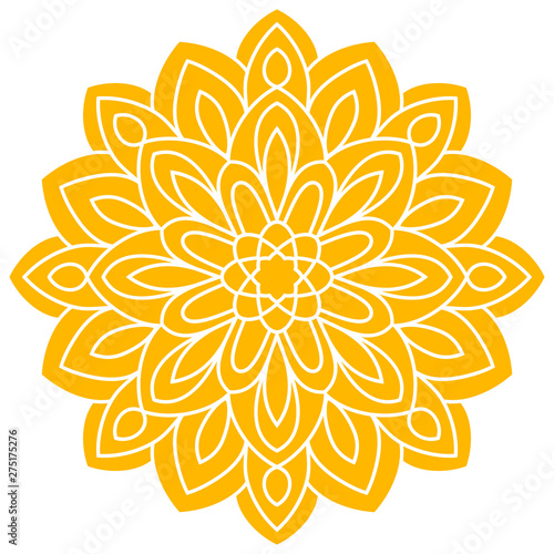 Yellow flower mandala. Ornamental round doodle floral element isolated on white background. Vector illustration.