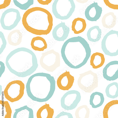 Abstract colorful seamless pattern with hand drawn grunge randomly circles, rings. Background with different round shapes. Messy bubbles. Vector illustration.