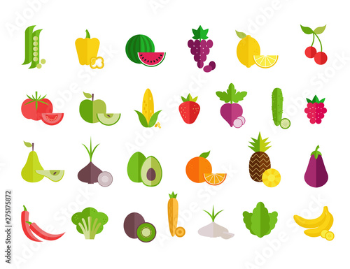 Fruit and vegetables flat icons set. Colorful flat design for web banners, web sites, printed materials, infographics. Healthy lifestyle vector design elements.