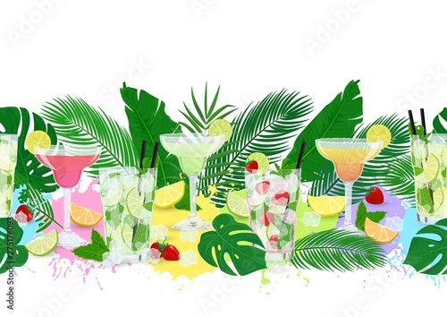 Vector horizontal border with cocktails, citrus fruits and tropic leaves. Seamless pattern with Classic Mojito, Strawberry Mojito, Margarita, lemonade on colorful tropic background for bar, design.
