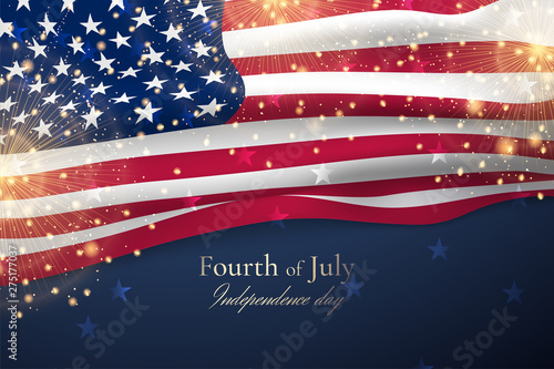 Vector template with waving american flag and gold fireworks for banners of Independence day. Festive dark background with close-up of flag of United States for greeting posters or flyer for July 4th.