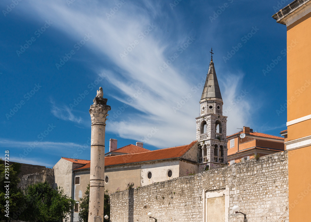 Belltower and Pillar of Shame in the ancient old town of Zadar in Croatia