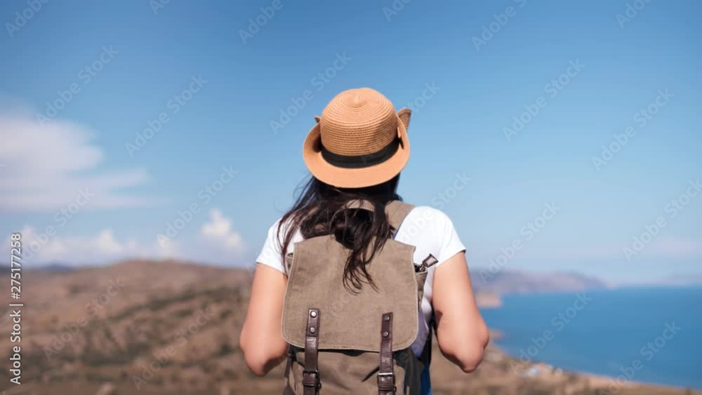Relaxed travel female admiring beautiful nature landscape enjoying vacation medium shot