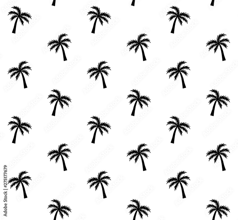 Vector seamless pattern of black hand drawn doodle sketch palm tree silhouette isolated on white background