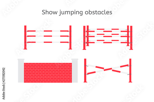 Vector flat cartoon set collection of show jumping equestrian obstacles isolated on white background