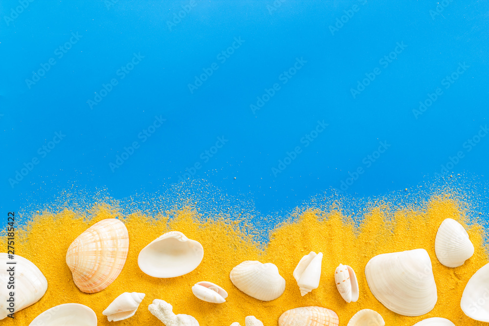 Shells on sand for beach pattern on blue background top view space for text Shells on sand for beach pattern on blue background top view space for text