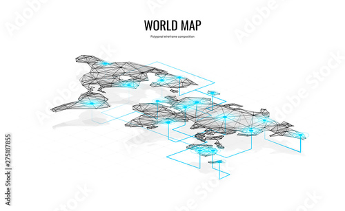 World map isometric. Polygonal wireframe composition. Connection between cities. Concept for logistics. Abstract isolated on white background. Particles are connected in a geometric silhouette.