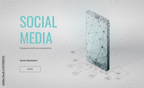 Smartphone on circuit board background. Isometric Low poly wireframe style. Tools for SEO or SMM specialist. Abstract isolated on white background. Particles are connected in a geometric silhouette.