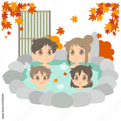 秋の温泉家族旅行のイラスト