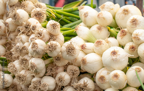 Pile of fresh spring onion. A lot of green onion on a market tray.  Close up photo