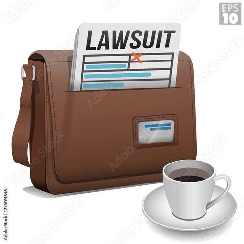 Following legal proceedings for a business lawsuit with cup of coffee to stay calm or relaxed and leather messenger bag.