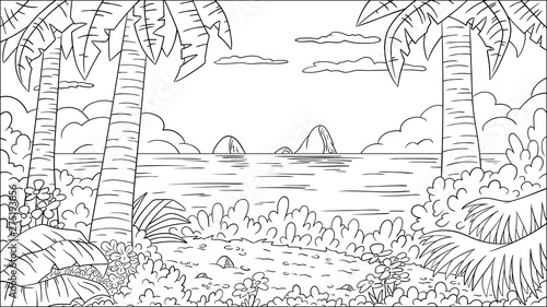 Coloring book tropical landscape. Hand draw vector illustration with separate layers.