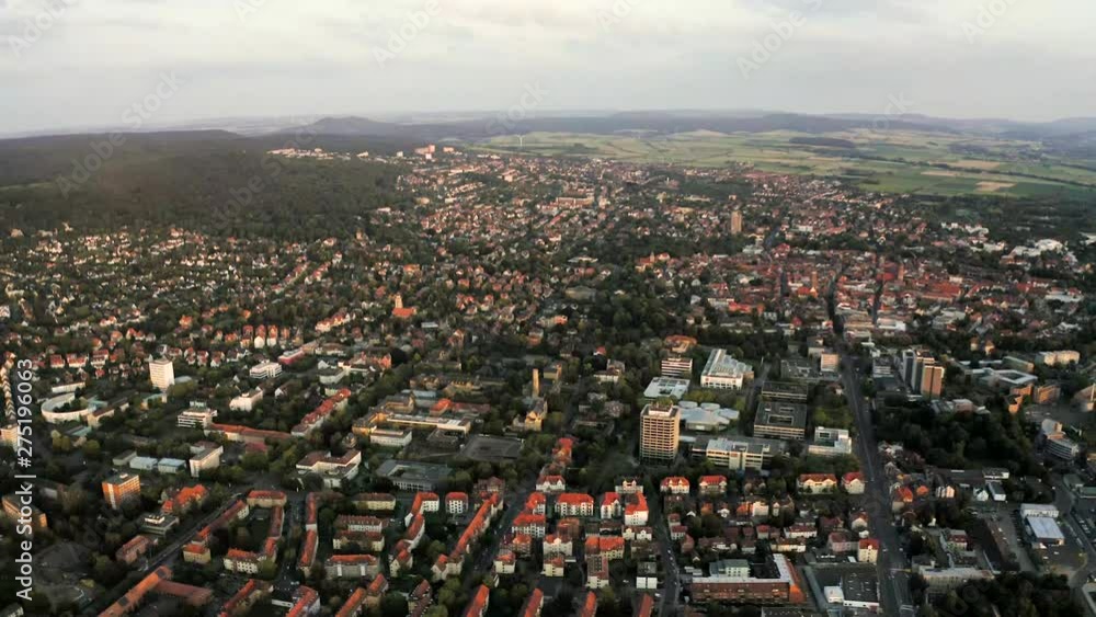 Drone shot of the student town goettingen at sunset Drone shot of the student town goettingen at sunset