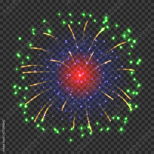 Festive fireworks with red and green shining sparks. Colorful pyrotechnics vector element. Realistic fireworks celebration isolated on transparent background. Fantastic light performance in night sky.