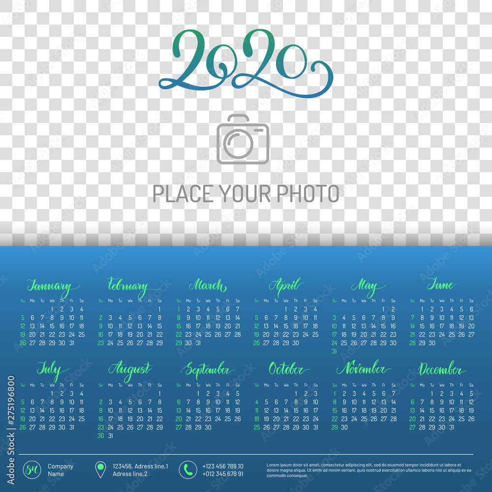 Wall calendar layout for 2020 year with place for photo. English ...