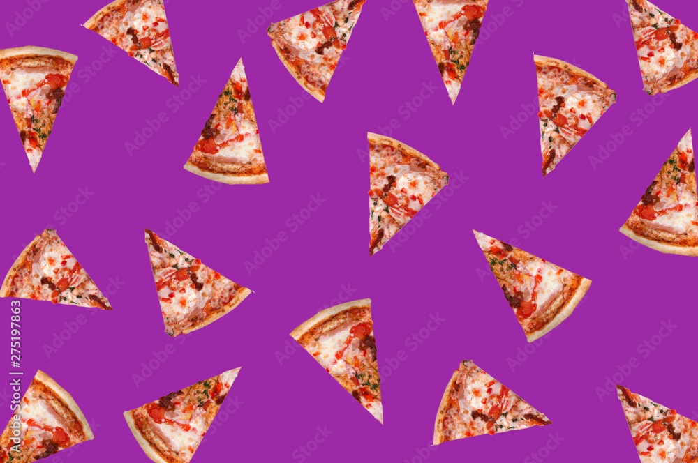 lots of triangular pieces of pizza in different positions on purple background top view