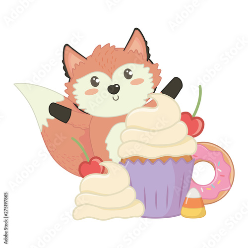 Isolated fox cartoon with sweet food design