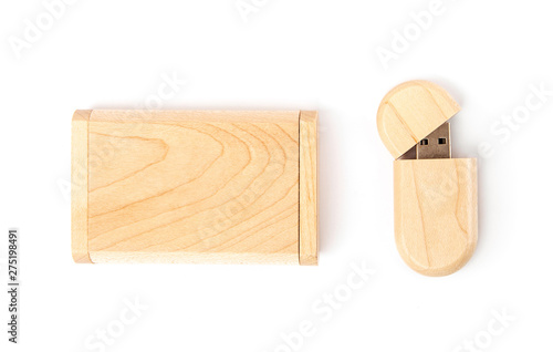 Fényképezés Opened USB flash drive in a wooden case next to a gift wooden box