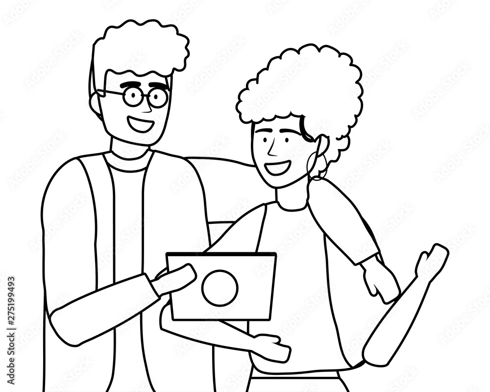 Couple of woman and man with device design Couple of woman and man with device design