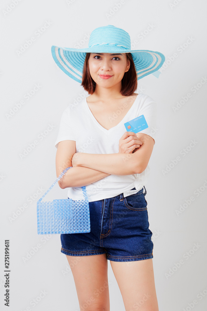 Woman in hat hand holding card Woman in hat hand holding card