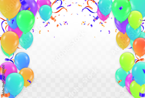 Colorful birthday balloons and confetti - vector background