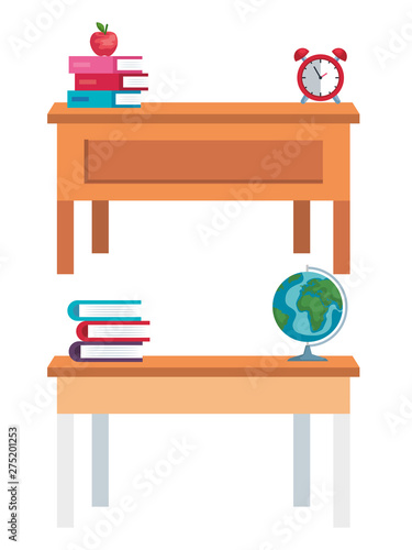 set of desks with books and apple with global map and clock