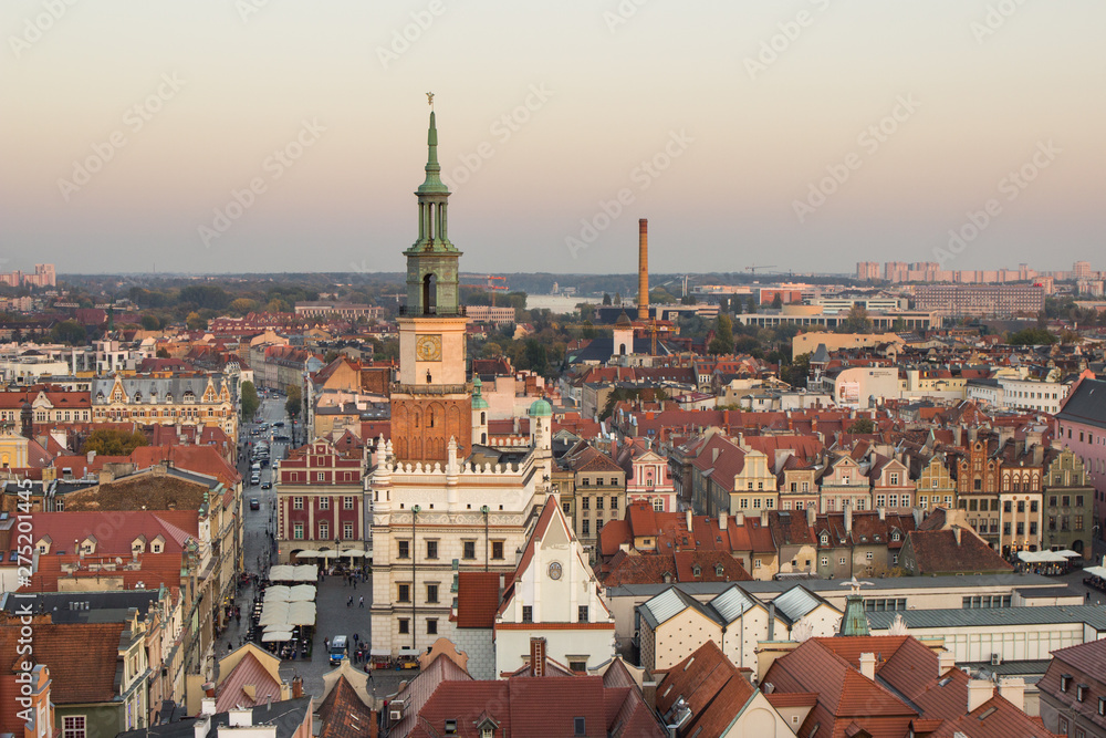 Poznan, Poland - October 12, 2018: Town hall, old and modern buildings in polish city Poznan