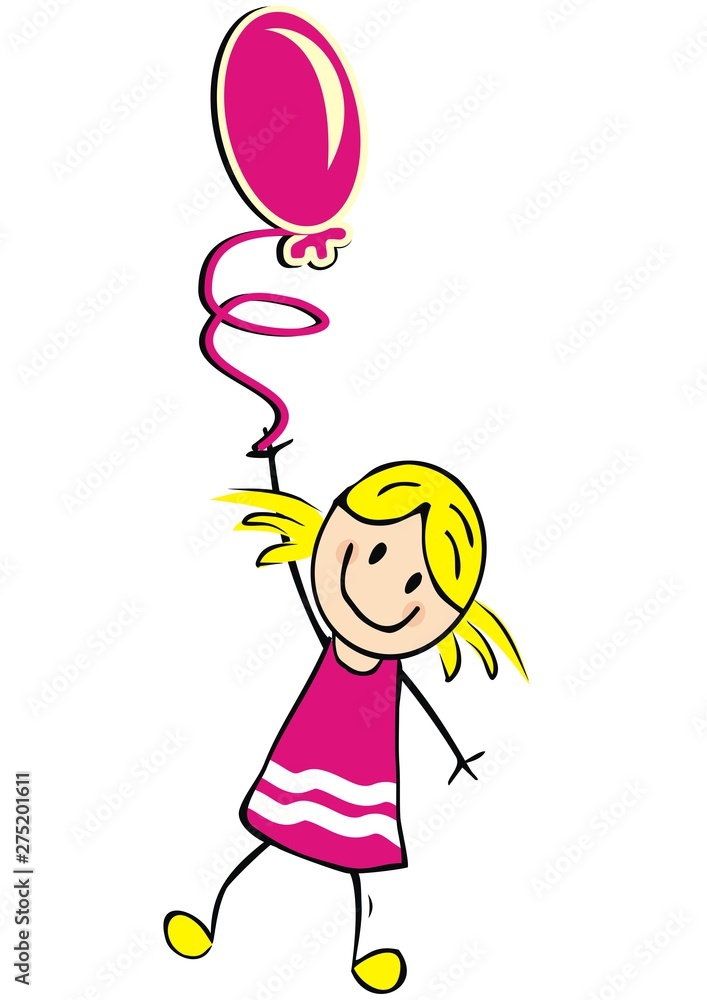 Girl with purple balloon, funny vector illustration. Smiling kid holds balloon. Girl with purple balloon, funny vector illustration. Smiling kid holds balloon.