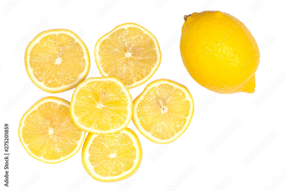 Whole and sliced pieces lemons isolated on white background. Whole and sliced pieces lemons isolated on white background.